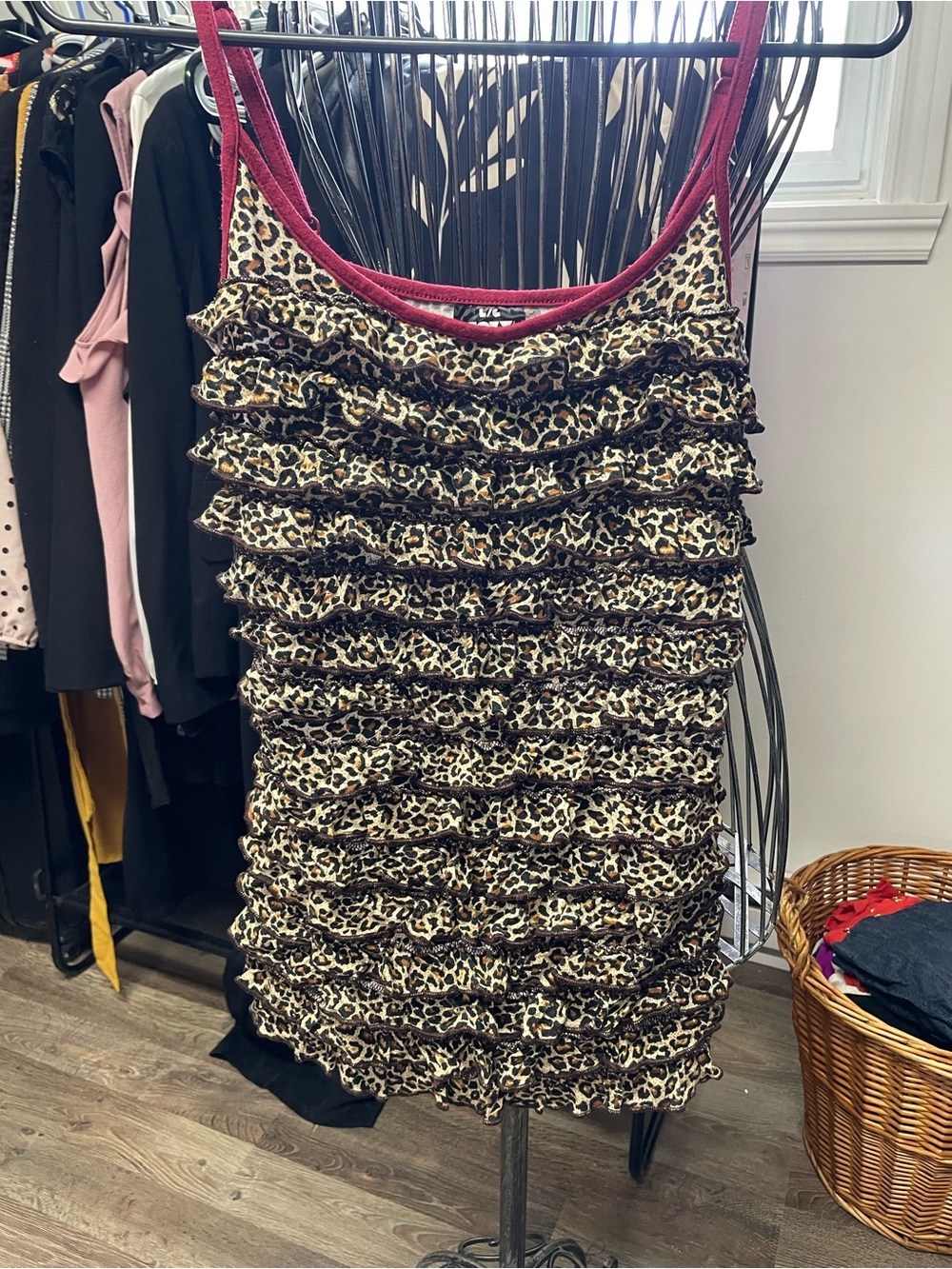 Foxy Jeans Leopard Ruffle Tank with Burgundy Trim